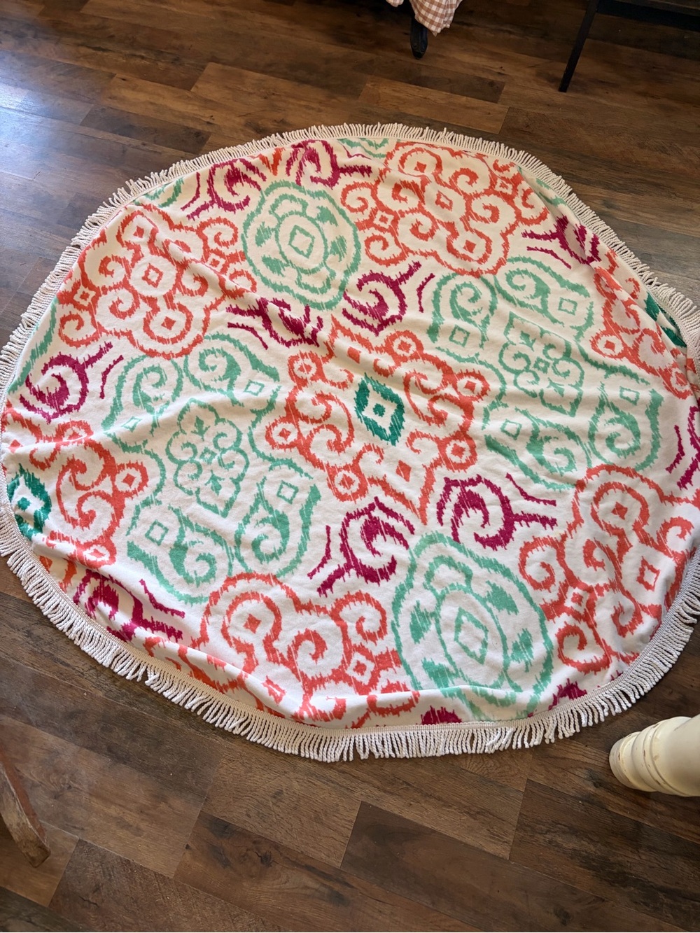 Round Tassel Beach Blanket with Coral, Mint & Fuchsia Ikat Print